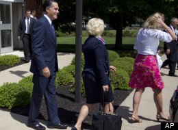 Republican presidential candidate, former Massachusetts Gov. Mitt Romney leaves the Church of Jesus Christ of Latter-day Saints after services on Sunday, Aug. 19, 2012 in Wolefboro, N.H. (AP Photo/Evan Vucci)