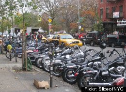 Some motorcycles parked in NYC.