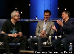 Techonomy founder David Kirkpatrick, Twitter creator Jack Dorsey and Quicken Loans Chairman Dan Gilbert (left to right) talk about Detroit at the Techonomy conference on Sept. 12, 2012. (Photo courtesy of Techonomy Detroit)