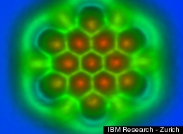 This image, captured by IBM scientists using an atomic force microscope, shows a nanographene molecule exhibiting carbon-carbon bonds.