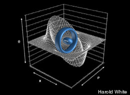 A ring-shaped warp drive device could transport a football-shape starship (center) to effective speeds faster than light. The concept was first proposed by Mexican physicist Miguel Alcubierre.