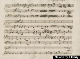 An aria manuscript, circa 1765, of Wolfgang Amadeus Mozart's is among the featured artifacts included in the Newberry Library's new exhibition commemorating their 125th anniversary.