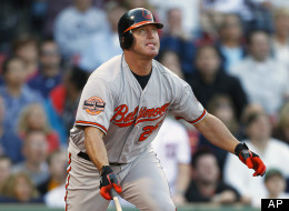 Baltimore Orioles' Jim Thome watches his ground-rule double that drove in the go-ahead run in the 12th inning of a baseball game against the Boston Red Sox in Boston, Saturday, Sept. 22, 2012.