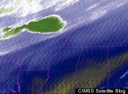 A satellite image taken by GOES-13 before it was placed in standby mode, showing some of the interference, or