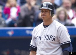 New York Yankees' Alex Rodriguez reacts to being struck out in the seventh inning of a baseball game against the Toronto Blue Jays in Toronto on Saturday, Sept. 29, 2012.
