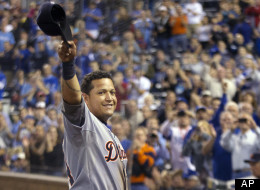 Detroit Tigers' Miguel Cabrera (24) waves to the crowd after being replaced during the fourth inning of a baseball game against the Kansas City Royals at Kauffman Stadium in Kansas City, Mo., Wednesday, Oct. 3, 2012.