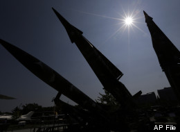 South Korean mock missiles are silhouetted at the Korea War Memorial Museum in Seoul, South Korea, Sunday, Oct. 7, 2012. (AP Photo/Lee Jin-man)
