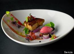 Foie gras with rhubarb, red onion, strawberry and pistachio at Senza.