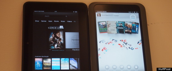 The Kindle Fire (left) and the NOOK HD, two $199 tablets that take on the iPad mini where it counts -- the display. (HuffPost) | HuffPost