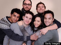Colin Trevorrow (top L with glasses) and the cast of