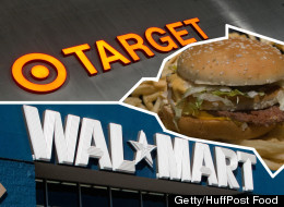 In this photo illustration by HuffPost Food, with photos by Getty Images, a Big Mac and Fries from McDonald's horns in on Target and Walmart.