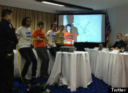 Protesters disrupted hearings in Vancouver for the proposed Enbridge Northern Gateway. (Twitter: <a href=