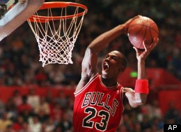 Chicago Bulls' Michael Jordan takes part in the NBA All-Star Slam Dunk contest in Seattle in this Feb. 7, 1987 photo.